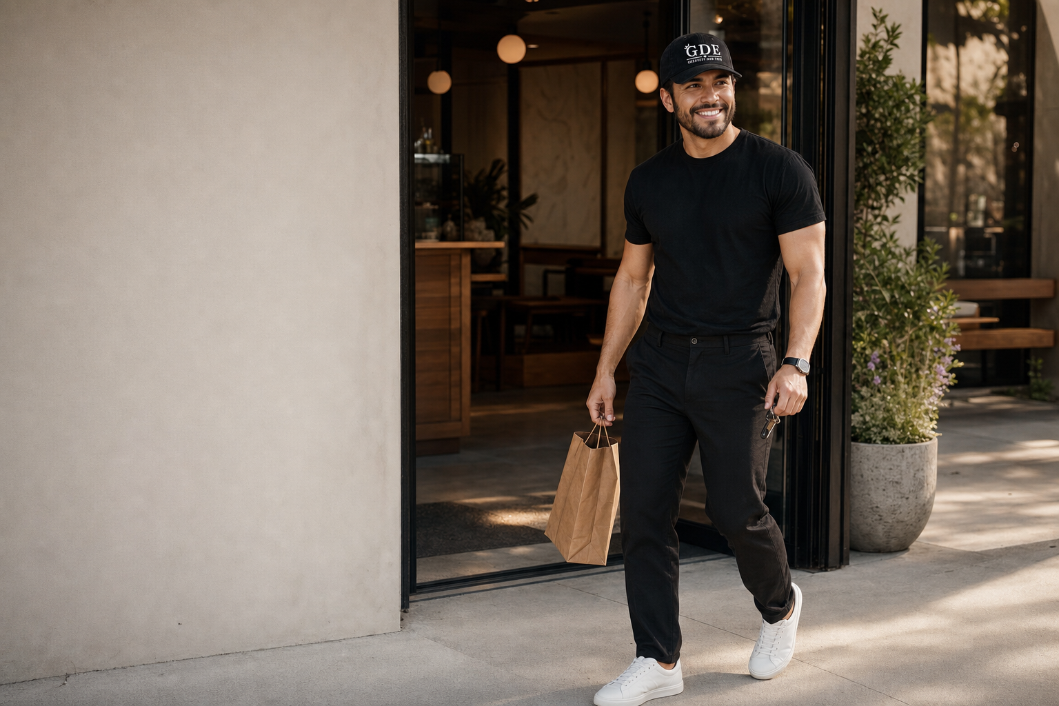 A man wearing the GDE cap walking out of a cafe in warm afternoon light