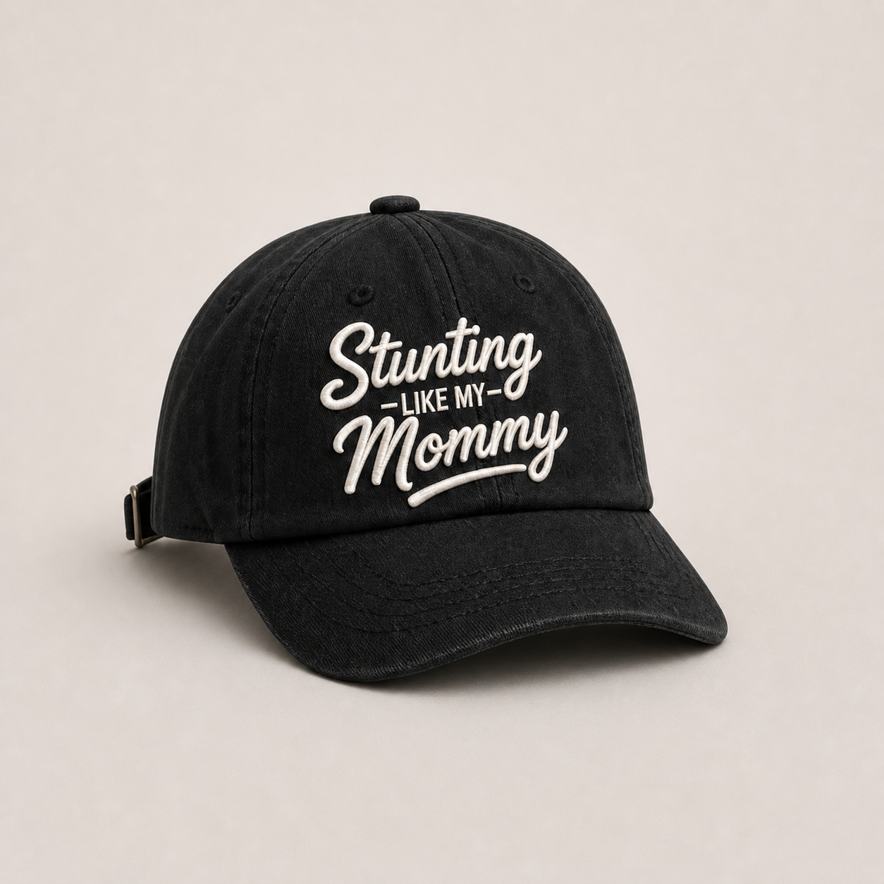 Stunting Like My Mommy hat in washed black, three-quarter front view