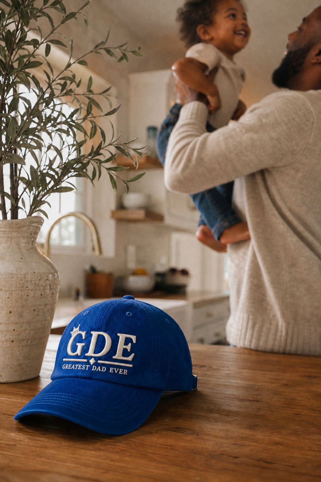 A father lifting his child in a sunlit kitchen, the cobalt GDE cap resting on the table