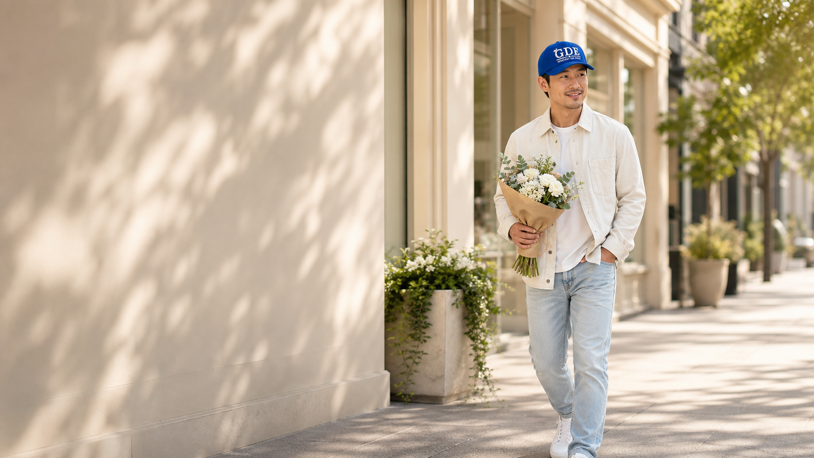 A man in the cobalt GDE cap walking a sunlit sidewalk carrying a bouquet of white flowers