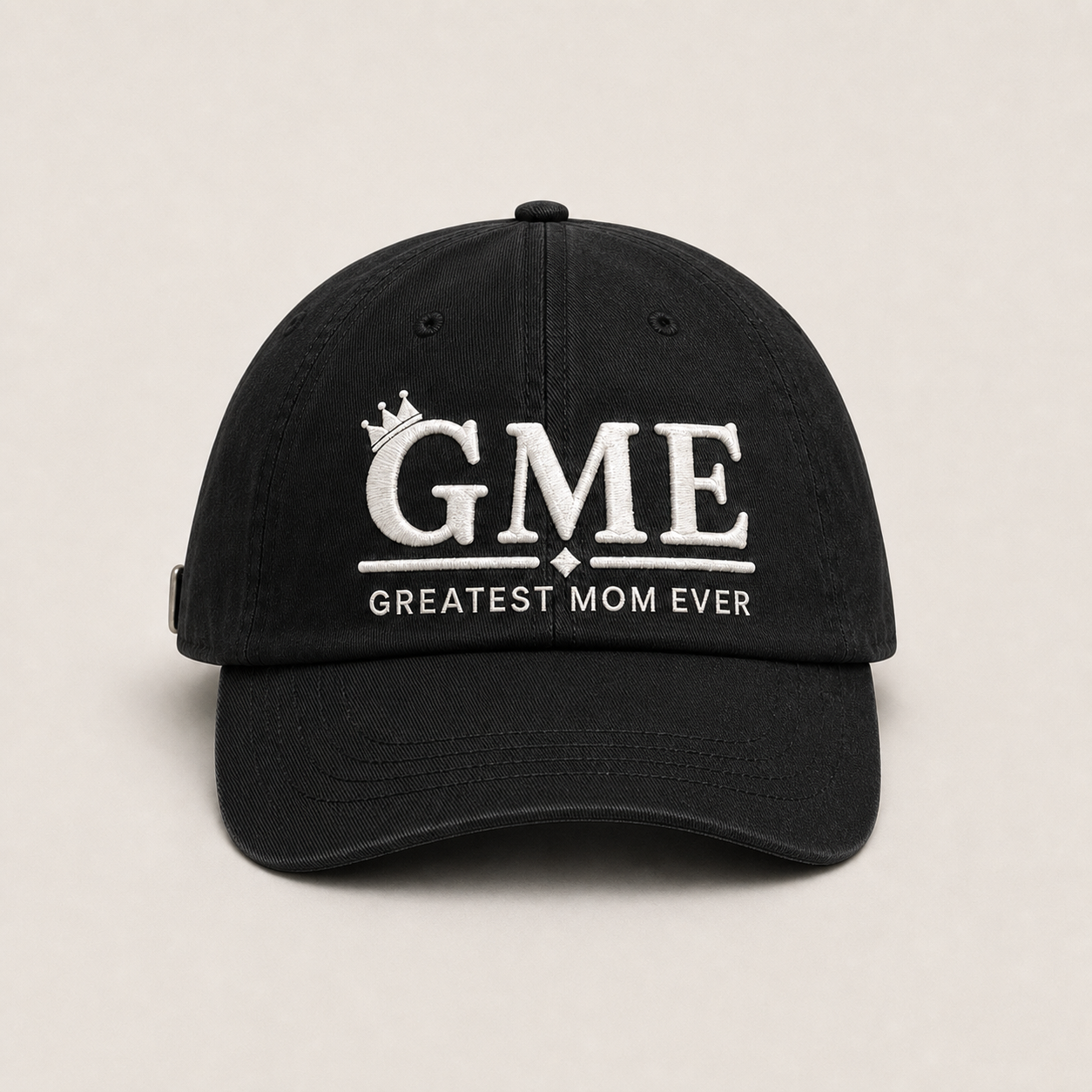 GME hat in black, straight-on front view