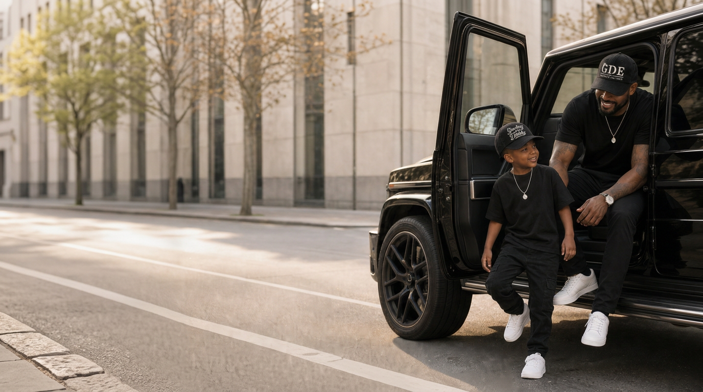 Father and son wearing Legacy Team hats beside a black SUV